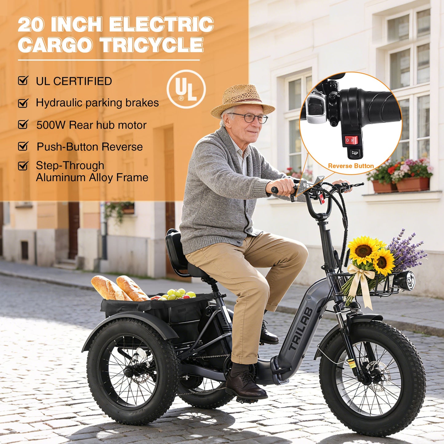 Electric Tricycle Fat Tire 20 In 7-Speed Aluminum Gray 275 LB 50 Mile Range
