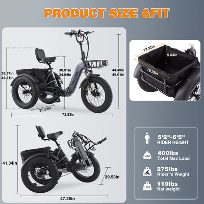 Electric Tricycle Fat Tire 20 In 7-Speed Aluminum Gray 275 LB 50 Mile Range