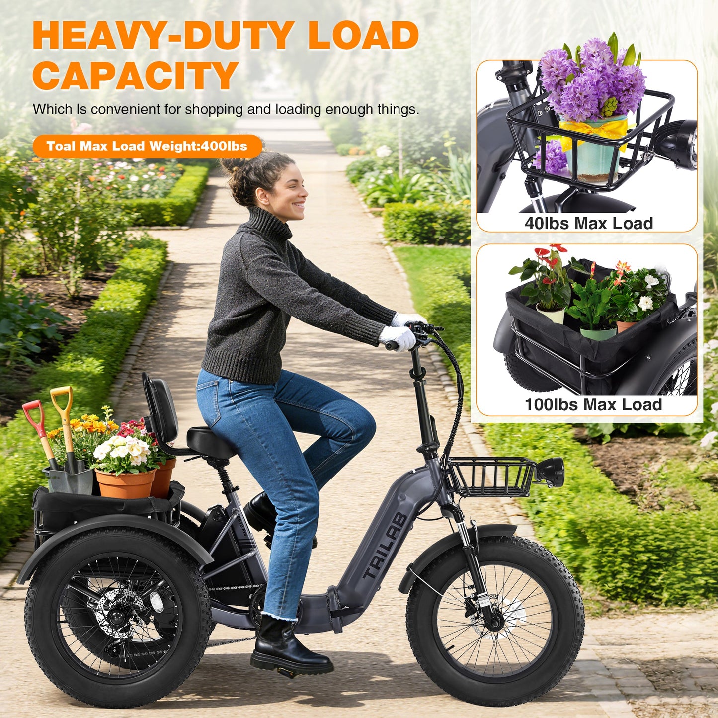 Electric Tricycle Fat Tire 20 In 7-Speed Aluminum Gray 275 LB 50 Mile Range