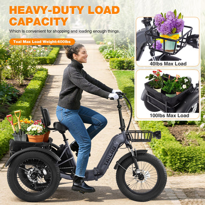 Electric Tricycle Fat Tire 20 In 7-Speed Aluminum Gray 275 LB 50 Mile Range