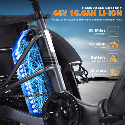 Electric Tricycle Fat Tire 20 In 7-Speed Aluminum Gray 275 LB 50 Mile Range