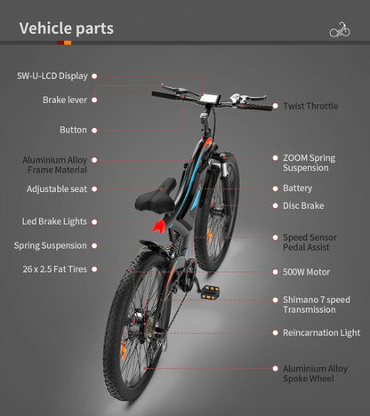 26x2.35 Inch Fat Tire E-Bike - 48V 500W Motor, 15AH Lithium Battery, Front Suspension & Dual Disc Brakes