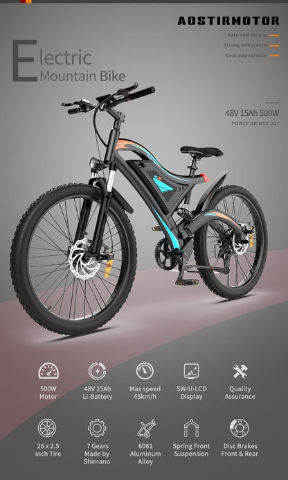 26x2.35 Inch Fat Tire E-Bike - 48V 500W Motor, 15AH Lithium Battery, Front Suspension & Dual Disc Brakes